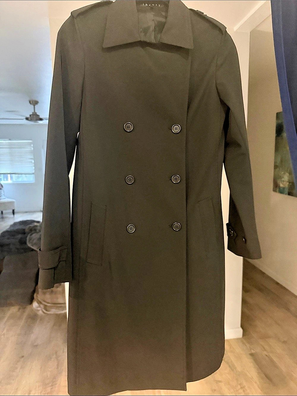 Theory Double-Breasted Trench Coat in Black Size Small Like New 🖤